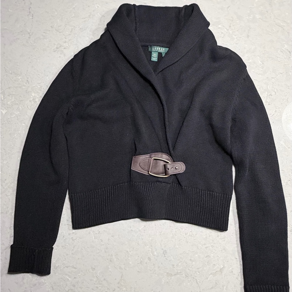 Vintage Lauren Ralph Lauren Black Sweater with Gold Buckle Wrap 100% Cotton